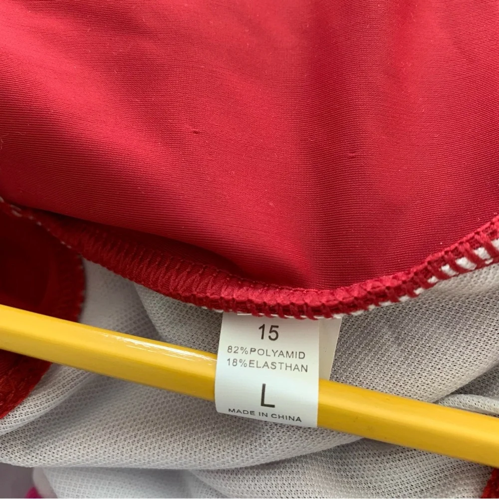 Pink Red‎ Colorblock Cutout Monokini Tie Waist Swimsuit Large